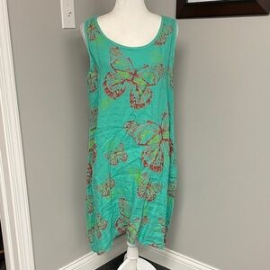Vasna Linen Dress Womens Size XL Green Butterfly Print Sleeveless Made In Italy
